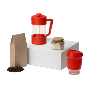 Подарочный набор с кофе, кружкой и френч-прессом Бодрое утро, красный, френч-пресс- прозрачный/красный, стеклянный стакан- прозрачный/красный, упаковка кофе- крафт, бумажный наполнитель- серый - купить оптом