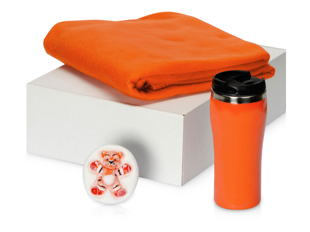 Подарочный набор Мери Да Винчи с термокружкой, мылом, пледом, оранжевый - купить оптом