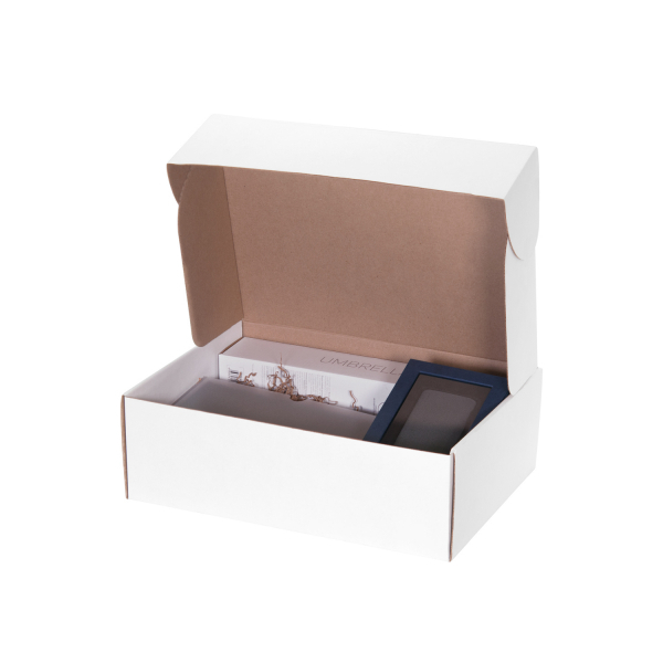 Подарочный набор в большой универсальной коробке, серый (ежедневник, зонт, аккумулятор) - купить оптом