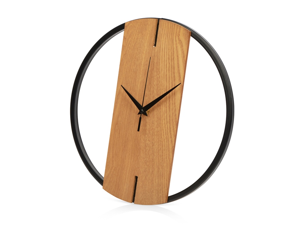Деревянные часы с металлическим ободом, диаметр 30 см, Time Wheel, натуральный/черный - купить оптом