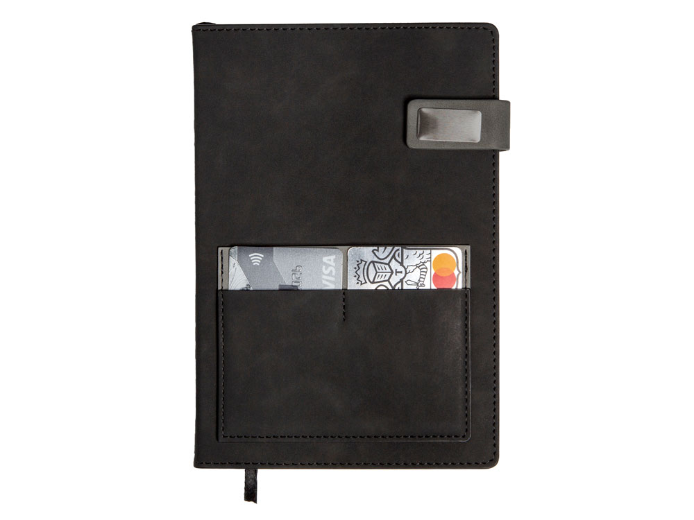 Бизнес блокнот А5 Freya с клапаном и карманом для визиток, твердая обложка, 128 листов, черный и свет - купить оптом