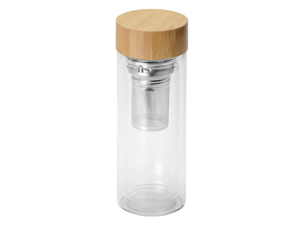 Стеклянный термос из стекла с двойными стенками и ситечком 320 мл Badachu в чехле, прозрачный (P), бутылка- прозрачный, натуральный, серебристый, чехол- серый - купить оптом