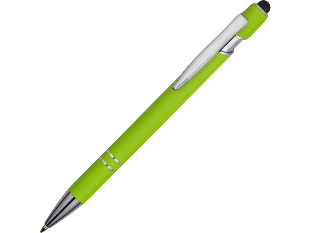 Ручка металлическая soft-touch шариковая со стилусом Sway, зеленое яблоко/серебристый (P) - купить оптом
