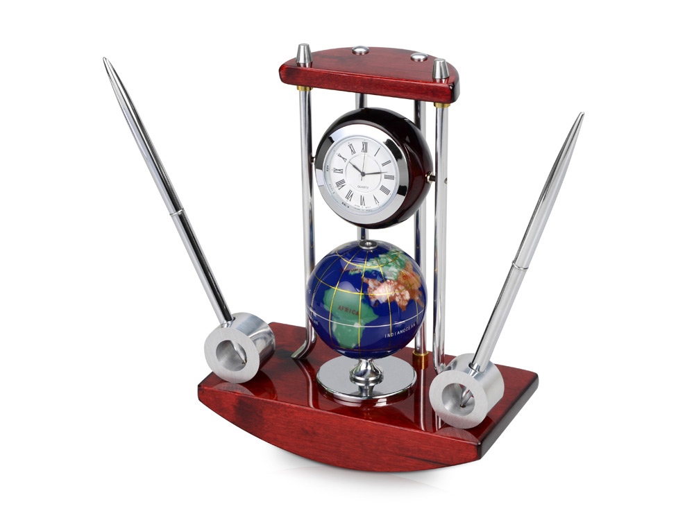 Настольный прибор Сенатор: часы с глобусом, две ручки на подставке, красное дерево/серебристый/разноцветный - купить оптом