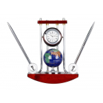 Настольный прибор Сенатор: часы с глобусом, две ручки на подставке, красное дерево/серебристый/разноцветный, фото 1