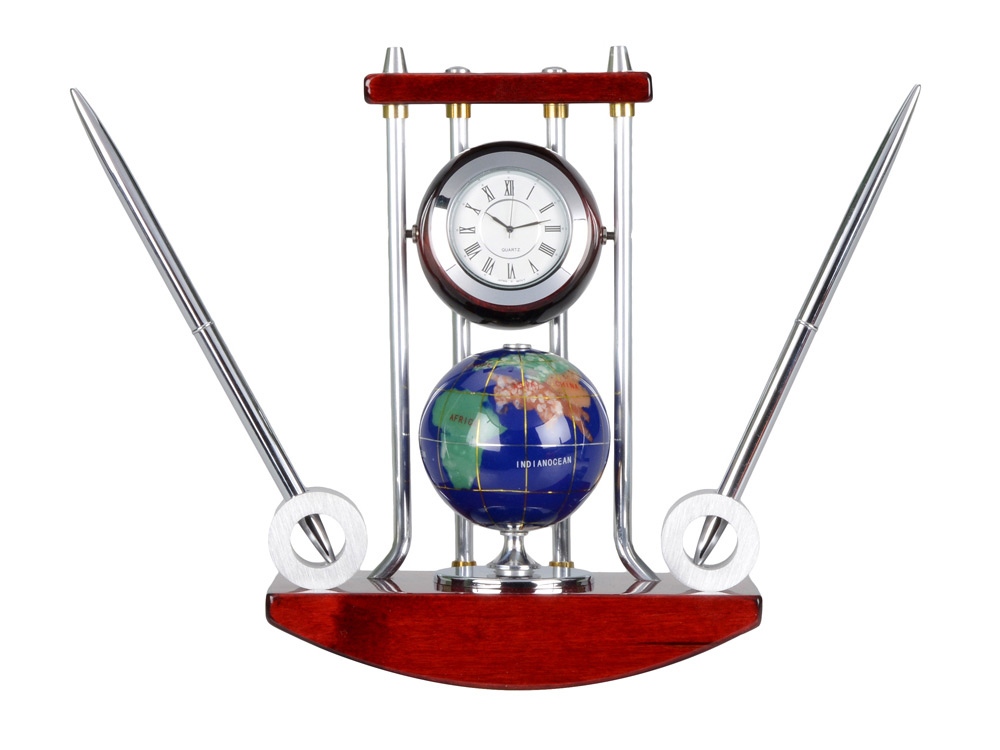 Настольный прибор Сенатор: часы с глобусом, две ручки на подставке, красное дерево/серебристый/разноцветный - купить оптом