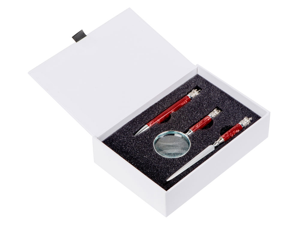 Набор Принц Уэльский : ручка шариковая, лупа, нож для бумаг, красный перламутр/серебристый - купить оптом