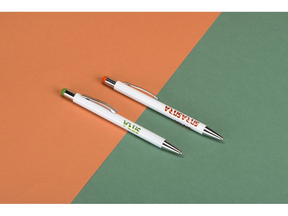 Ручка металлическая шариковая Flowery со стилусом и цветным зеркальным слоем, белый/оранжевый - купить оптом