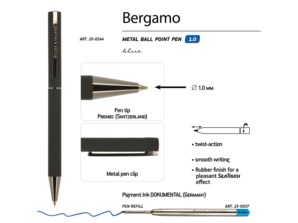 Ручка Bergamo шариковая автоматическая, черный металлический корпус, 0.7 мм, синяя - купить оптом