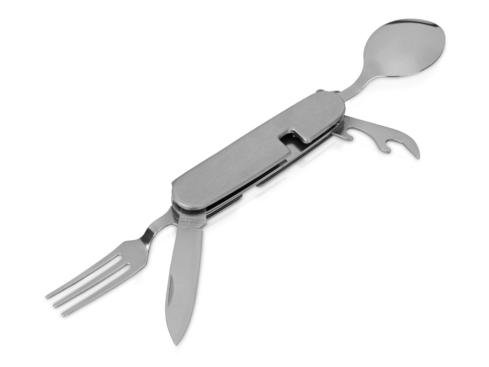 Приборы Camper 4 в 1 в чехле: вилка, ложка, нож, открывалка, серебристый - купить оптом