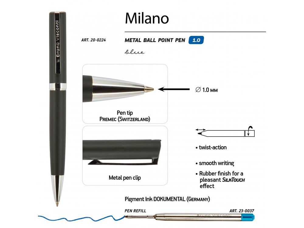 Ручкa BrunoVisconti шариковая автоматическая 1мм синяя Milano Graphite (черный металлический корпус) - купить оптом