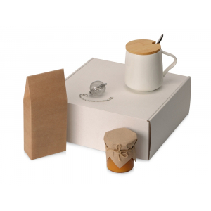 Подарочный набор с чаем, кружкой, мандариновым вареньем и ситечком Tea Celebration, кружка- белый, ситечко- серебристый - купить оптом