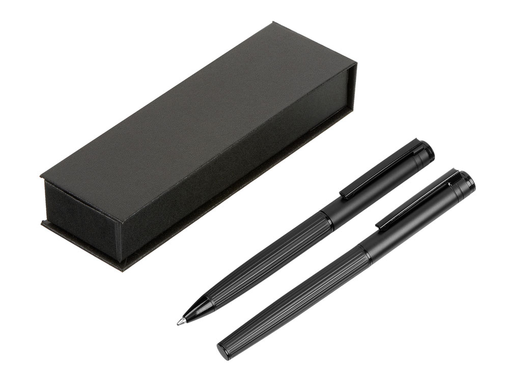 Набор из шариковой ручки и ручки-роллера с анодированным зеркальным слоем в подарочной коробке Monarch Black, черный - купить оптом