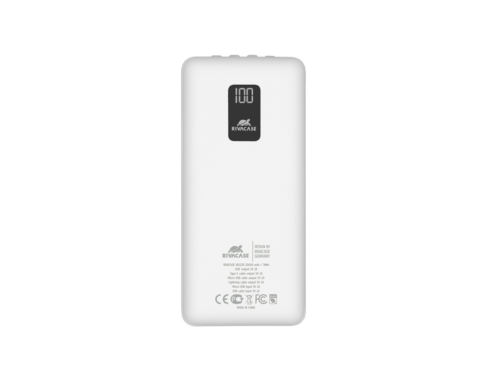 RIVACASE VA2220 (20000 мАч) внешний аккумулятор с дисплеем и встроенными кабелями, белый, 12/24 - купить оптом