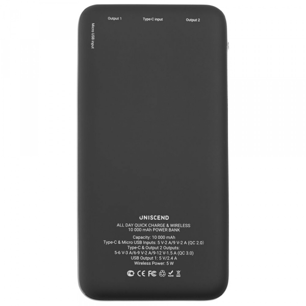Аккумулятор Quick Charge Wireless 10000 мАч, черный - купить оптом