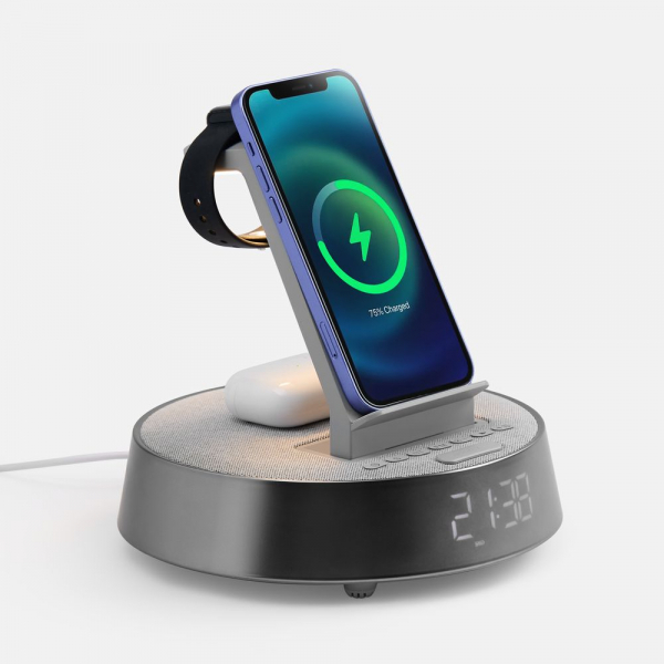 Bluetooth-колонка с беспроводной зарядкой и часами netEnergy, серая - купить оптом