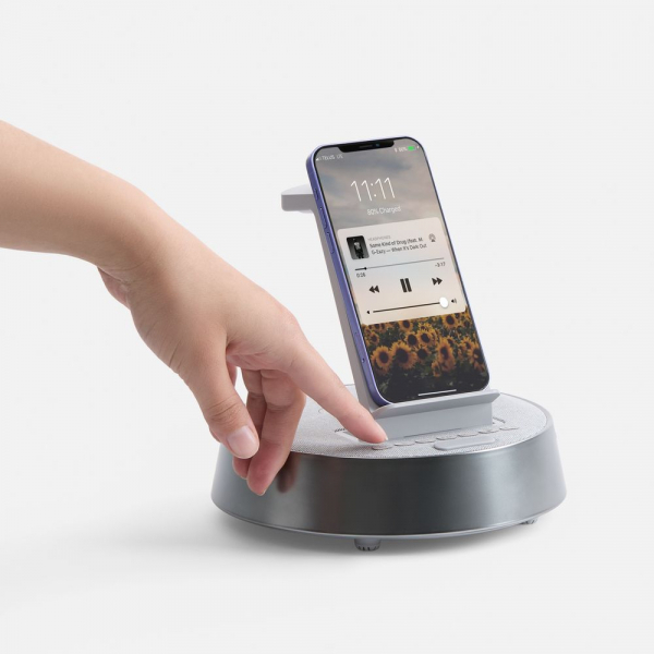 Bluetooth-колонка с беспроводной зарядкой и часами netEnergy, серая - купить оптом
