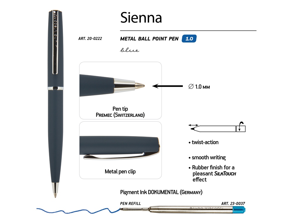 Ручка Sienna шариковая  автоматическая, синий металлический корпус, 1.0 мм, синяя - купить оптом
