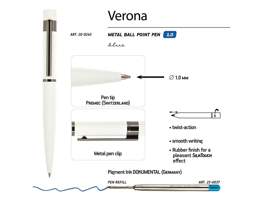 Ручка Verona шариковая автоматическая, белый металлический корпус, 1.0 мм, синяя - купить оптом